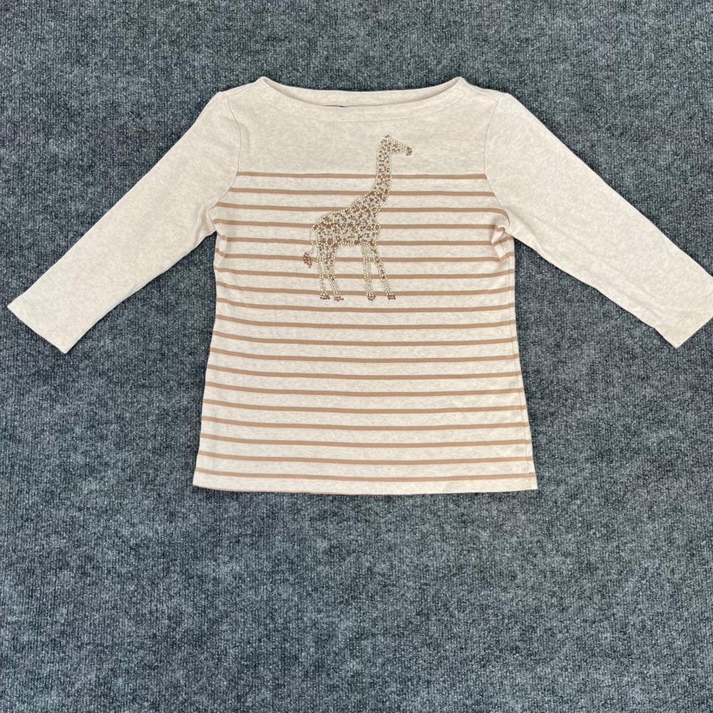 Karen Scott Petites Tan Striped Rhinestone Giraffe Cotton Top PS